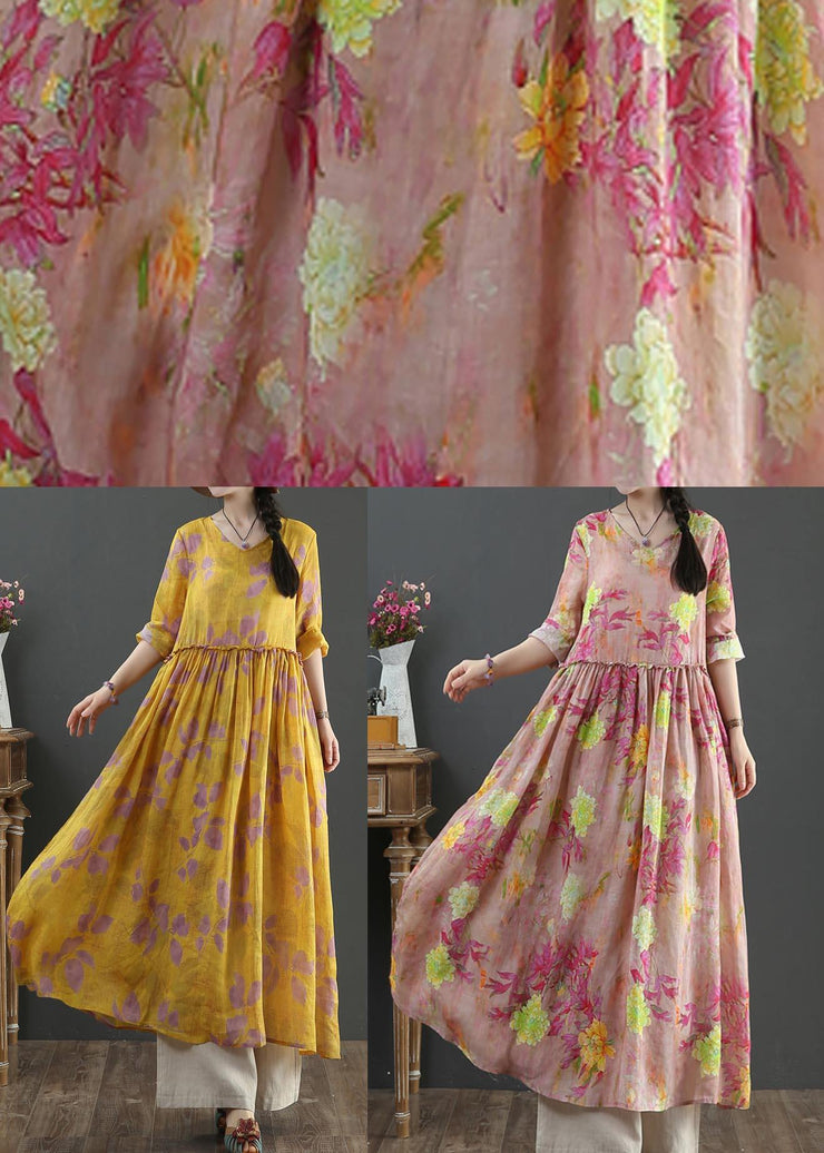 Style Pink Print Pockets Summer Linen Dress - SooLinen