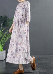 Style Purple Print Drawstring Art Dresses - SooLinen