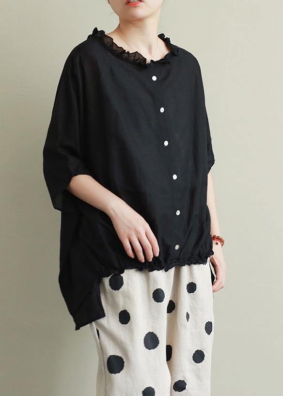 Style Ruffled cotton summer top Outfits black blouses - SooLinen