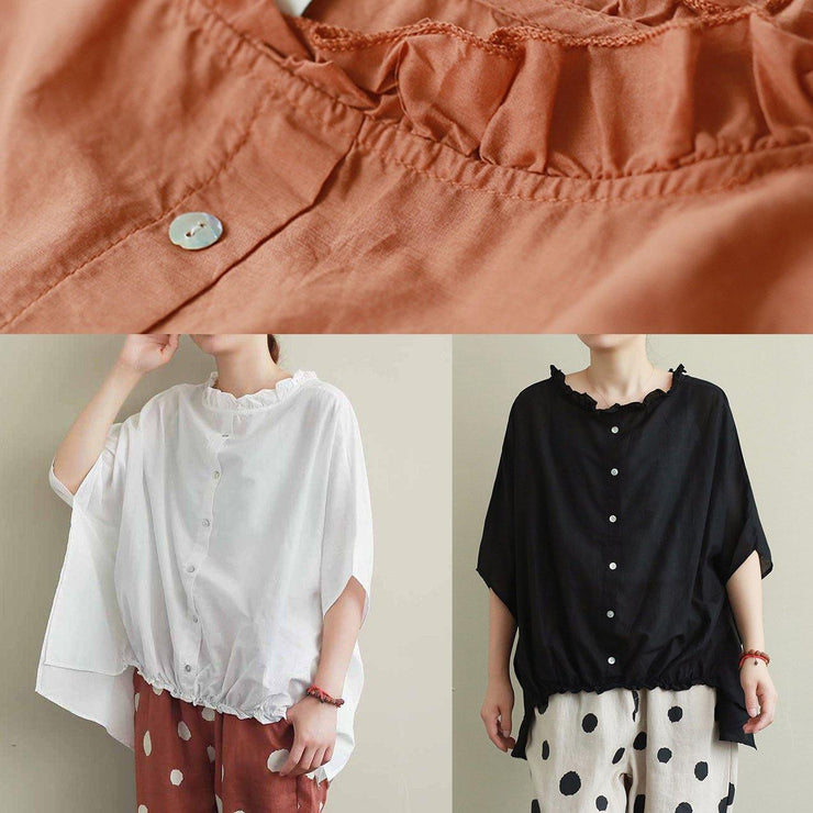 Style Ruffled cotton summer top Outfits black blouses - SooLinen