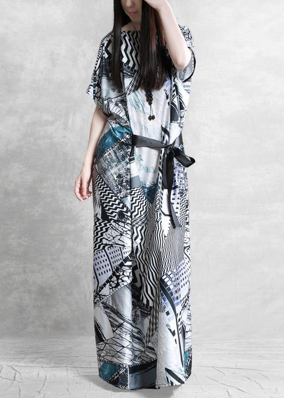 Style Slash neck asymmetric summer dress Catwalk gray print Dress - SooLinen