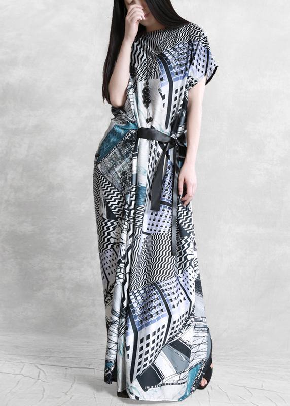 Style Slash neck asymmetric summer dress Catwalk gray print Dress - SooLinen