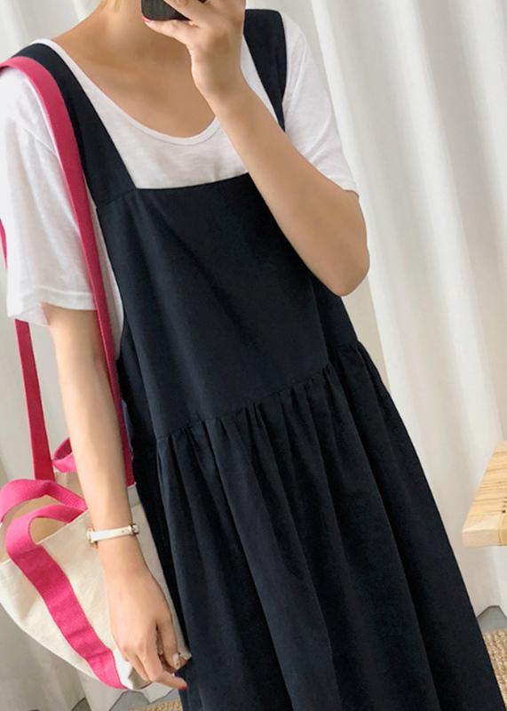 2021 Style Spaghetti Strap Cinched linen cotton clothes For Women Sewing black Dress - SooLinen