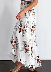 Style White Asymmetrical Tie Waist Side Open Print Chiffon Beach Skirt Summer