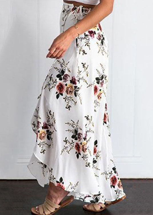 Style White Asymmetrical Tie Waist Side Open Print Chiffon Beach Skirt Summer
