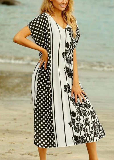 Style White Dot Floral V Neck Cotton Loose Beach Gown  Mid Dress - SooLinen