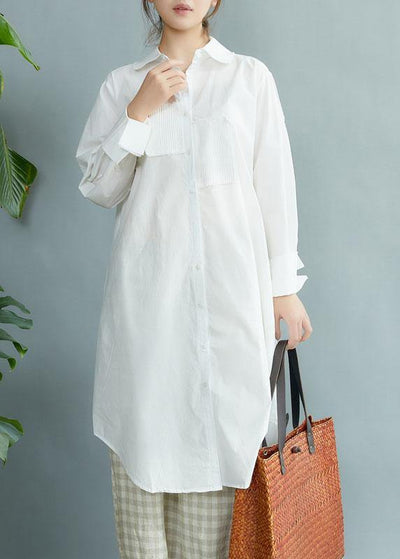 Style White PeterPan Collar Pockets Button Fall Asymmetrical Design Shirt Tops Long Sleeve - SooLinen
