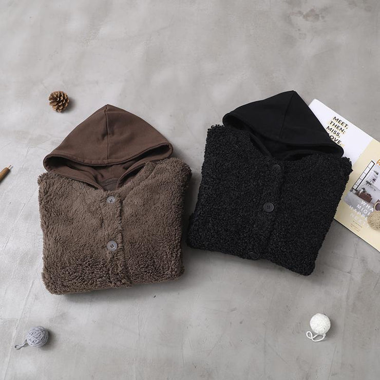 Style black Plus Size Coats Women Shape winter patchwork hooded outwears - SooLinen