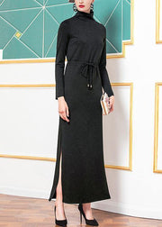 Style black cotton clothes high neck cotton robes side open Dresses - SooLinen