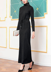 Style black cotton clothes high neck cotton robes side open Dresses - SooLinen
