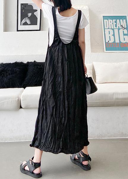 Style black cotton quilting dresses Spaghetti Strap Cinched long summer Dress - SooLinen