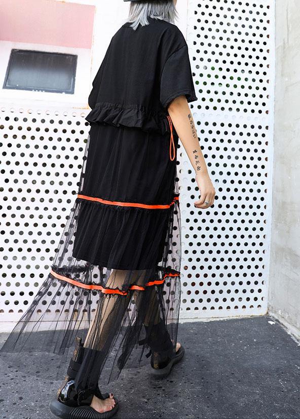 Style black cotton tunic dress patchwork tulle Dresses ruffles Dress - SooLinen