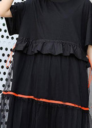 Style black cotton tunic dress patchwork tulle Dresses ruffles Dress - SooLinen