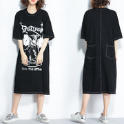 Stil schwarz bedruckt Baumwolle Steppkleidung Plus Size Muster O-Ausschnitt Baumwolle Sommerkleider