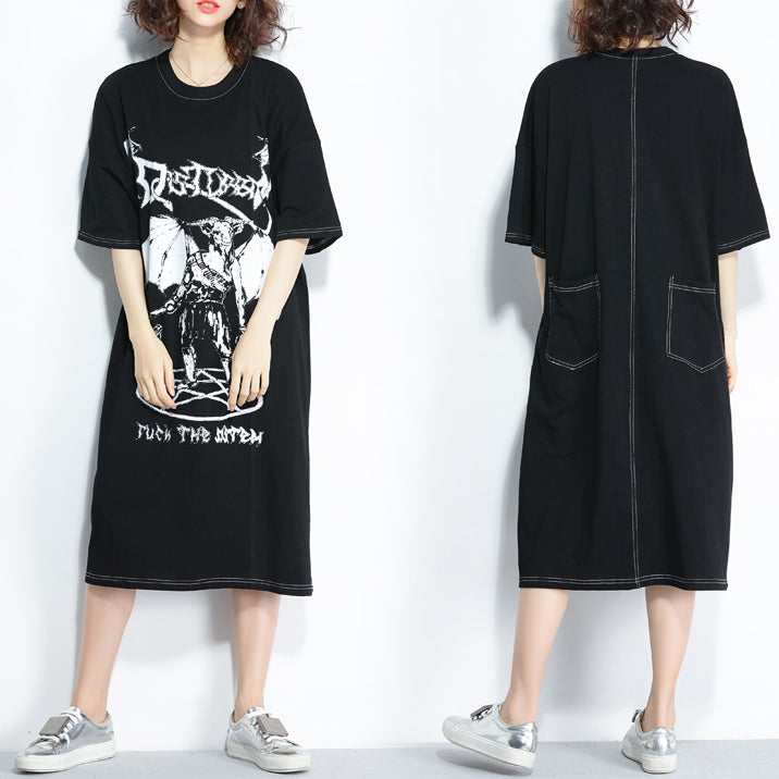 Stil schwarz bedruckt Baumwolle Steppkleidung Plus Size Muster O-Ausschnitt Baumwolle Sommerkleider