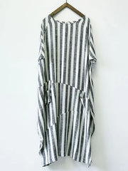 Style black striped cotton tunics for women o neck patchwork Art Dress - SooLinen