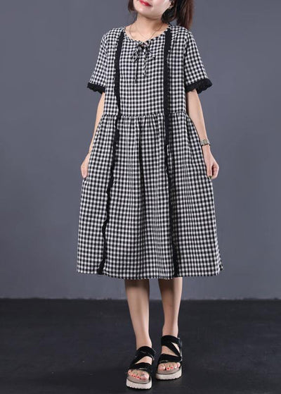 Style black white plaid cotton Tunic patchwork ruffles cotton summer Dress - SooLinen