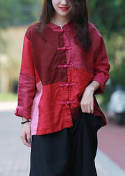 Style burgundy tunic stand collar patchwork daily top - SooLinen