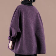 Style dark purple embroidery tunic top high neck Letter Plus Size Clothing shirts - SooLinen