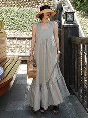 Style gray cotton dress patchwork Cinched Plus Size summer Dresses - SooLinen