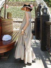 Style gray cotton dress patchwork Cinched Plus Size summer Dresses - SooLinen