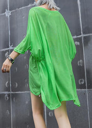 Style green print cotton box top o neck Cinched oversized summer top - SooLinen