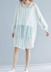 Style hooded chiffon Tunic Work green striped shirts summer - SooLinen