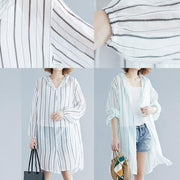 Style hooded chiffon Tunic Work green striped shirts summer - SooLinen