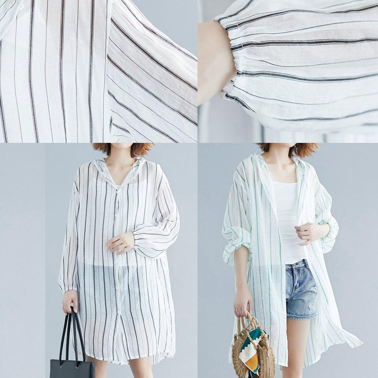 Style hooded chiffon Tunic Work green striped shirts summer - SooLinen