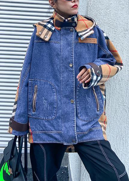 Style hooded patchwork  tunics for women denim blue Plus Size Clothing outwear - SooLinen