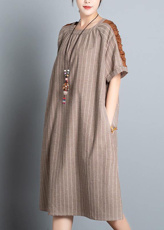 Style khaki striped cotton clothes For Women o neck patchwork Plus Size summer Dresses - SooLinen