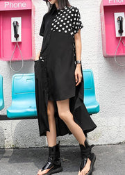 Style lapel asymmetric chiffon Robes boutique Tutorials black dotted Dress Summer - SooLinen