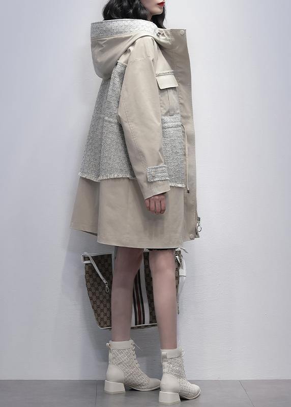 Style light beige Fine trench coat Work hooded patchwork  outwears - SooLinen