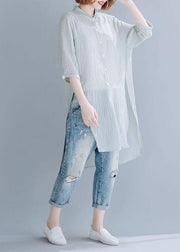 Style light green striped blended shirts side open box sunscreen summer tops - SooLinen