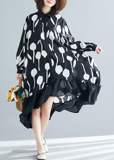 Style low high design cotton dress Work Outfits black prints shirt Dresses summer - SooLinen