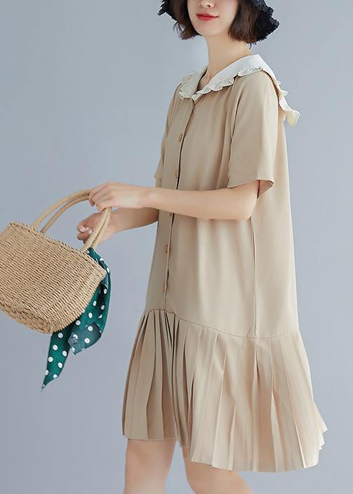 Style nude ruffles hem cotton Long Shirts Sailor Collar A Line summer Dresses - SooLinen