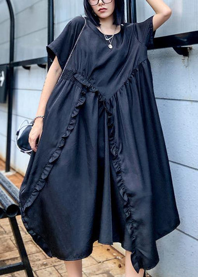 Style o neck Ruffles patchwork outfit pattern black Kaftan Dresses - SooLinen