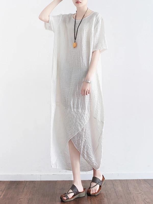 Style o neck asymmetric cotton clothes Shirts white Plus Size Dress summer - SooLinen