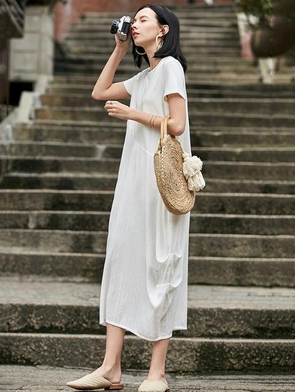 Style o neck asymmetric cotton dress Sewing nude Traveling Dress summer - SooLinen