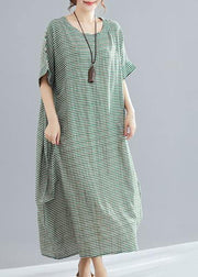Style o neck cotton quilting clothes Pakistani Work green striped loose Dress Summer - SooLinen