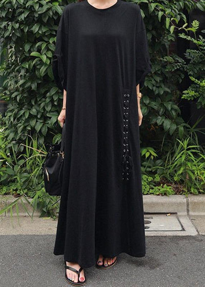 Style o neck exra large hem cotton dresses Runway black A Line Dress - SooLinen