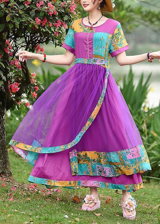 Style o neck patchwork tulle cotton clothes Work Outfits purple print Art Dresses summer - SooLinen