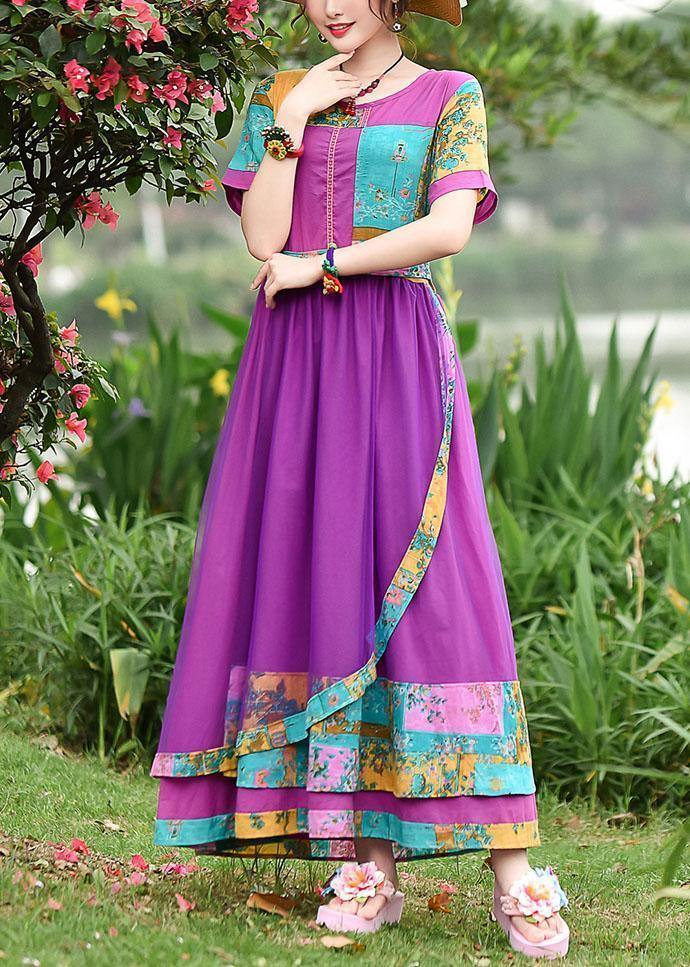 Style o neck patchwork tulle cotton clothes Work Outfits purple print Art Dresses summer - SooLinen
