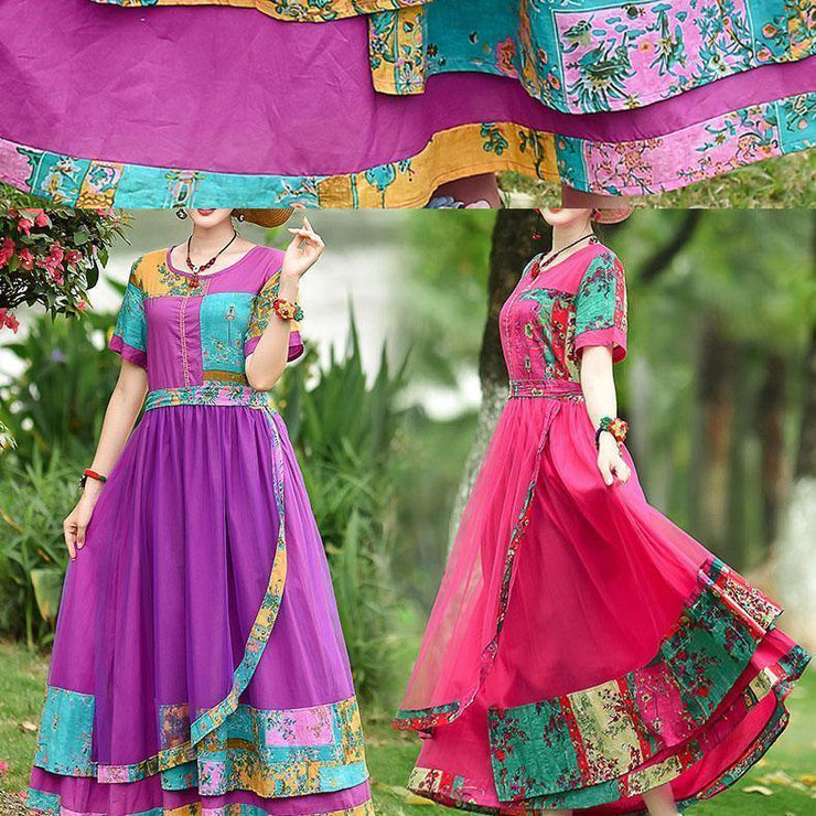 Style o neck patchwork tulle cotton clothes Work Outfits purple print Art Dresses summer - SooLinen