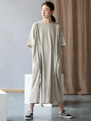 Style o neck side open cotton Tunics Work Outfits beige long Dresses summer - SooLinen