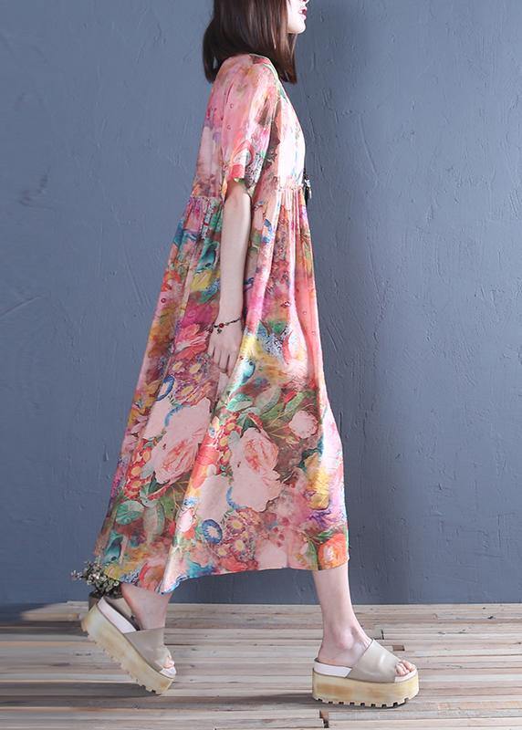 Style o neck Cinched cotton tunic dress Fashion pink print Maxi Dress - SooLinen
