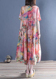 Style o neck Cinched cotton tunic dress Fashion pink print Maxi Dress - SooLinen