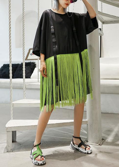 Style patchwork tassel Cotton clothes black Dresses summer - SooLinen