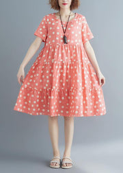 Style pink print cotton linen Tunics o neck Cinched summer Dress - SooLinen