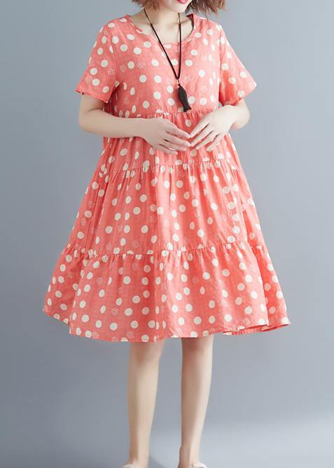 Style pink print cotton linen Tunics o neck Cinched summer Dress - SooLinen